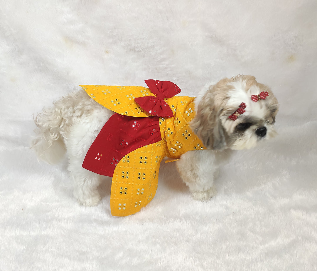 Mirror Work Red Yellow Petal Frock From Floobie Tails