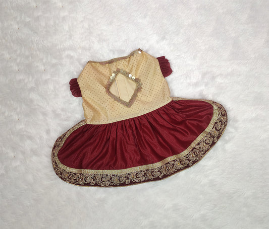 Shimmer Zari Embroidery Lace Work Golden Maroon Frock From Floobie Tails