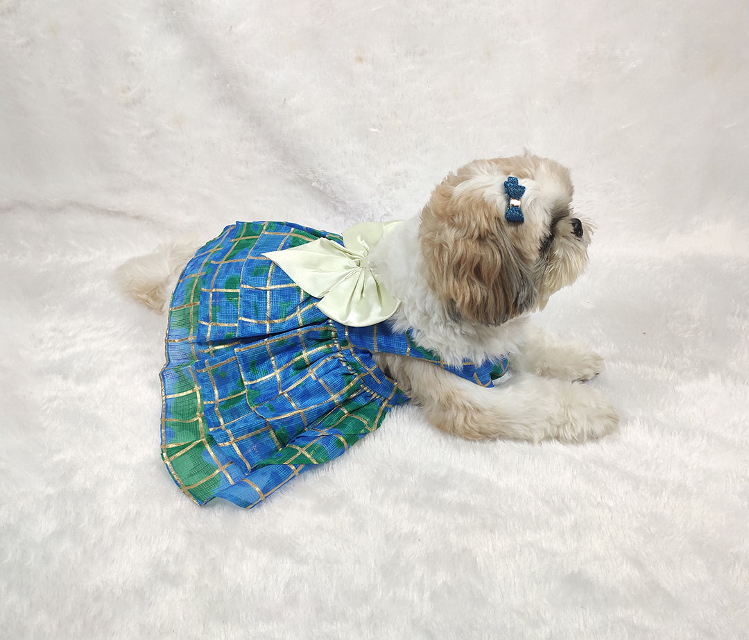Kota Doria V-Neck Checkered Blue Frock From Floobie Tails
