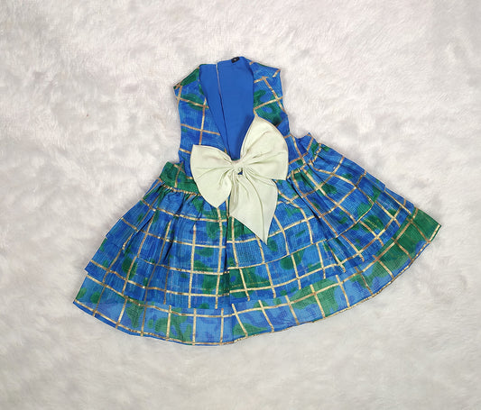 Kota Doria V-Neck Checkered Blue Frock From Floobie Tails