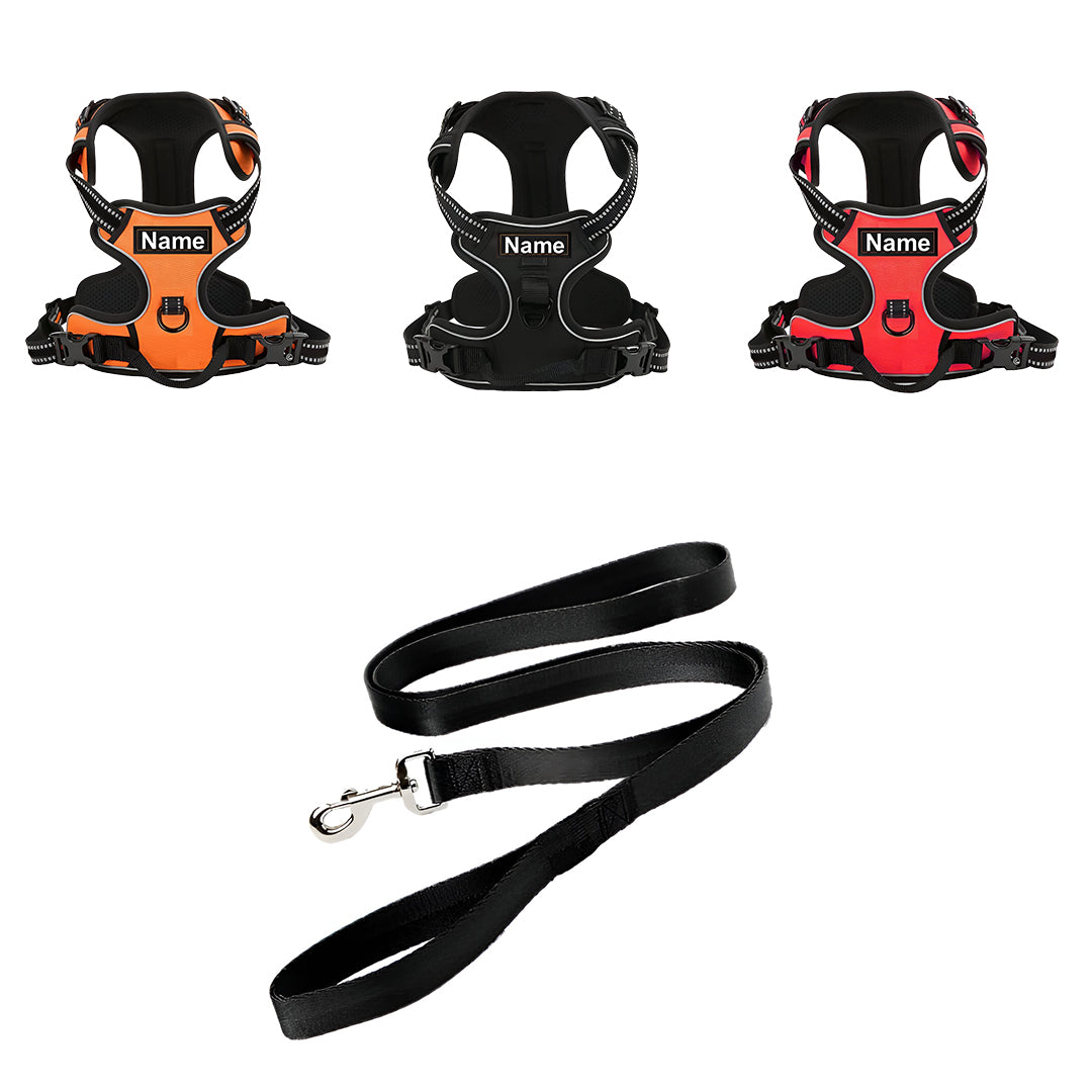 No Pull Padded Reflective Strap Personalized Dog Harness With Leash Black